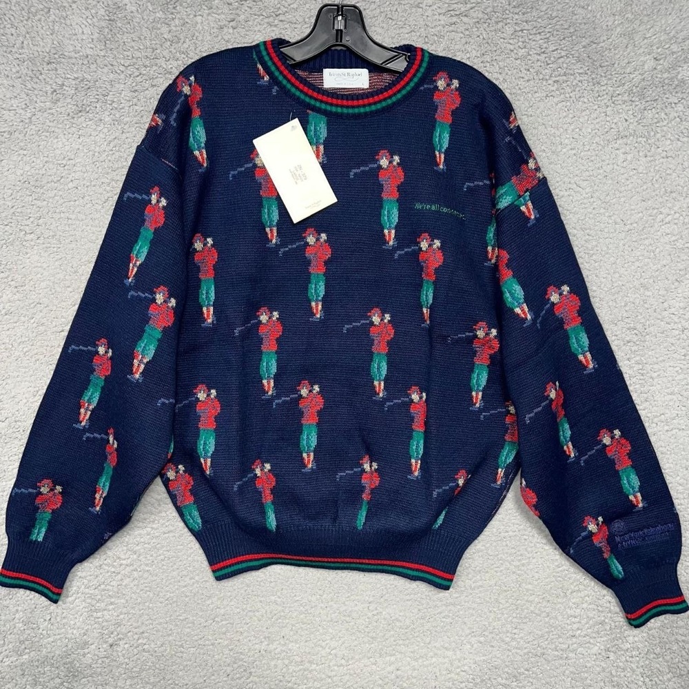 NWT Tricots St. Raphael Sweater Men's Sz L Blue Golfer Knitted‎ Pullover AOP VTG